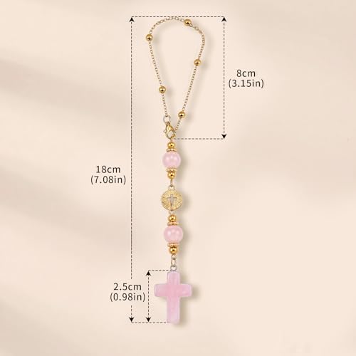 Crystal Cross Rearview Mirror Pendant, Rose Quartz Crucifix, Catholic Gift