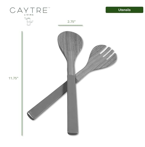 Caytre Wooden Painted Handle Bamboo Serving Utensil Set For Salad and Side Dishes- Onyx