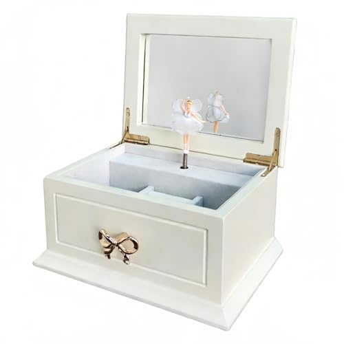 Liou PapaQ White Musical Jewelry Box with Ballerina for Girls and Women, Wooden Storage Organizer with Mirror,Swan Lake Tune, Great Gifts for Christmas,Birthday and all Holidays
