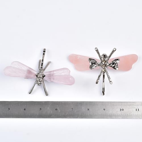 JIC Gem 2Pcs Natural Rose Quartz Crystal Dragonfly Figurines Pink Crystal Dragonfly Decoration Handmade Silver Dragonfly Crystal Healing Stone 4.0-4.5 Inch