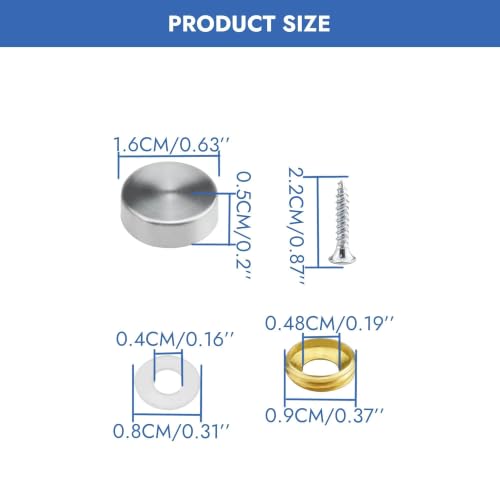 24 Pcs 5/8 Inch (16mm) Stainless Steel Screw Cover Caps with Screws & Rubber Pads – Decorative Mirror Hardware for Bathroom, Kitchen, Furniture 16mm