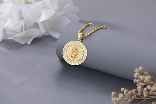 Virgin Mary Necklace Medal for Women, 925 Sterling Silver Saint Mary Mother 18K Gold Plated Catholic Medal Pendant Faith and Divine Amulet Religious Jewelry Gifts Gold Plated St Mary