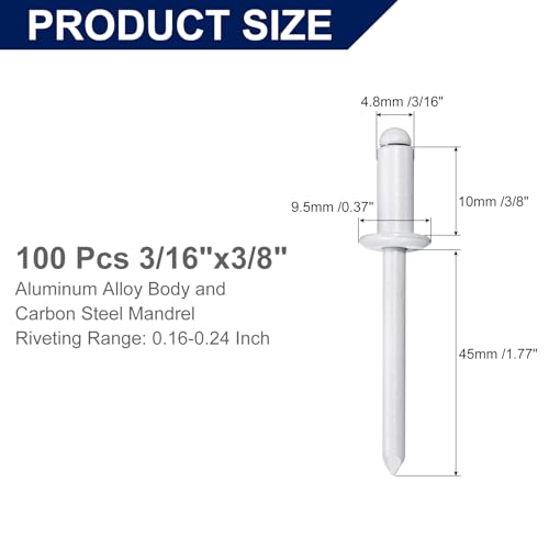 uxcell 100-piece white aluminum blind rivets with steel mandrels, 3/16 x 3/8 inch dome heads for metal and furniture