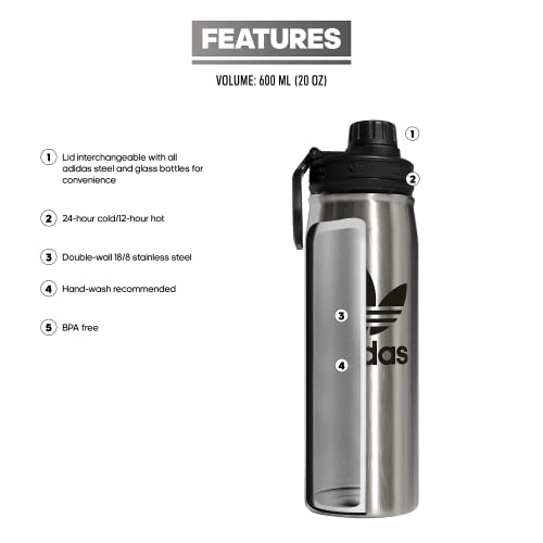 adidas Originals 600 ML (20 oz) Metal Water Bottle, Hot/Cold Double-Walled Insulated 18/8 Stainless Steel Stainless Steel/Black/Black 20.3 Ounces