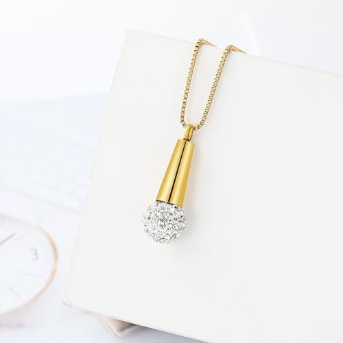 XSMZB Microphone Urn Necklace for Ashes Stainless Steel Crystal Keepsake Memorial Cremation Jewelry for Ashes Pendant Locket Gold
