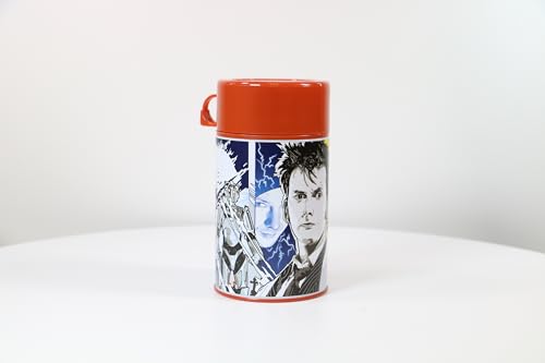 Surreal Entertainment Dr. Who Tenth Doctor Tin Titans lunchbox with beverage container featuring Doctor Who design and branding.