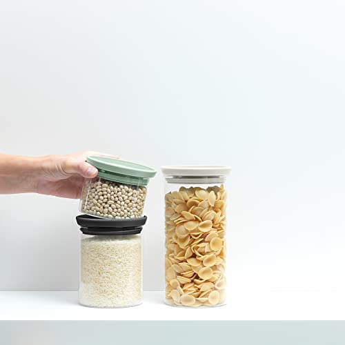 Brabantia 3pc Stackable Glass Food Jars (Mixed Colors) 0.08 + 0.16 + 0.3 Gal Heat-Safe, Dishwasher-Safe, Air-Tight Pantry Organizers Gray / Jade Green 3 Pack