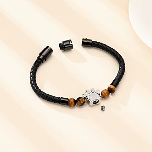 Minicremation Paw Print Urn Bracelet Cremation Jewelry Lava Stone Urn Bracelet for Ashes for Women Men Chakra Healing Balancing Genuine Leather Memorial Bracelets Black-24CM