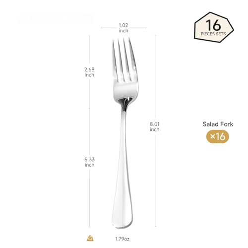 HIKAA 16-Piece Dinner Forks Set, 8-Inch 18/10 Stainless Steel Forks, Mirror Polished Dishwasher Safe Silverware Forks for Home, Restaurant, Party