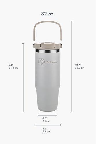 LION WAY FlexiVibe 32 oz Insulated Tumbler - Stainless Steel, Handle & Straw, Leak-Proof, Hot 12hrs & Cold 24hrs, Cup-Holder Compatible, BPA-Free, Gym, Travel Bottle Sandy Veil