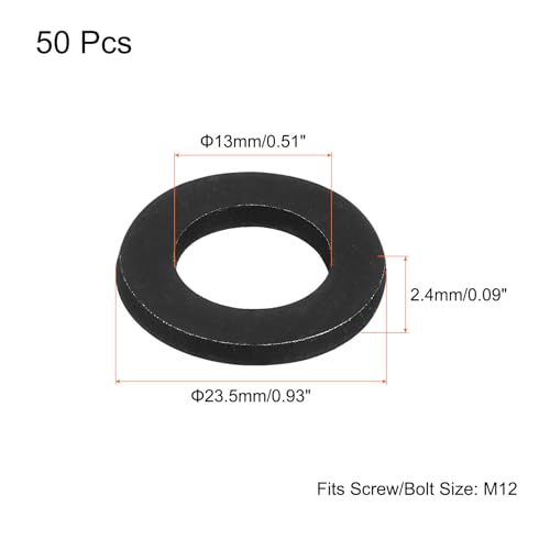 uxcell M12 carbon steel flat washers, black oxidized Grade 8.8, 23.5mm outer diameter, 2.4mm thick, 50-pack
