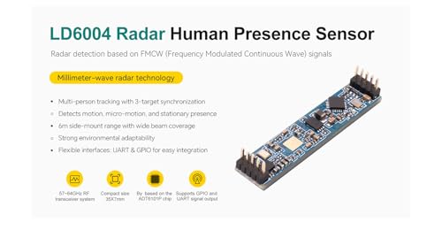 LD6004 FMCW Radar Human Presence Sensor Module, Occupancy Detector for Motion/Micro-Motion/Stillness, 3-Target XYZ Tracking, Zone Masking, UART/GPIO Output, 6 m Wide Angle
