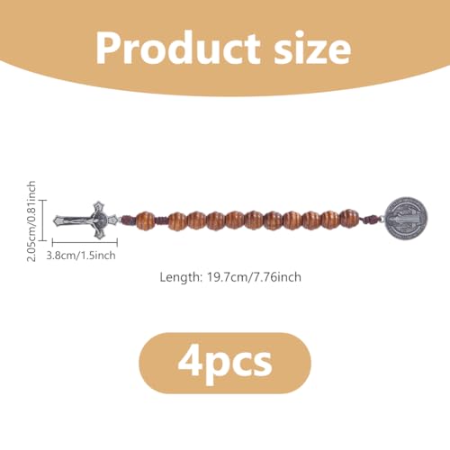 DICOSMETIC 4Pcs Saint Benedict Medal Pocket Rosary Open Style One Decade Rosary Wood Beads with Medal and Crucifix Catholic Christian Religious Gift for Men Women, 19.7cm Gunmetal