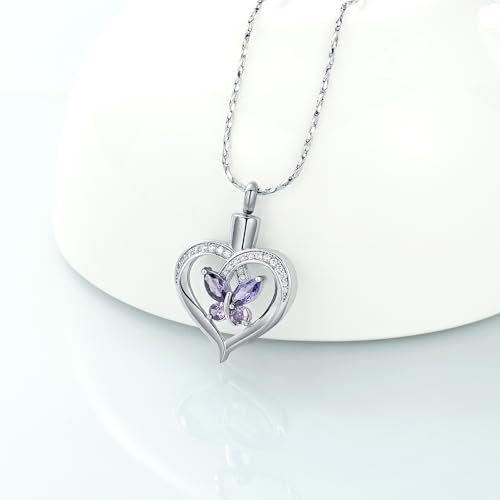 Imrsanl Butterfly Heart Pendant Cremation Urn Necklace for Women Silver-Purple