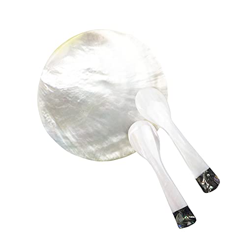 DUEBEL MOP Caviar Server Set, Plate Plus Set of 2 Mother of Pearl Caviar Spoons with Green Abalone 3.5” Decoration for Caviar, Appetizer, Dessert, Egg, Icecream