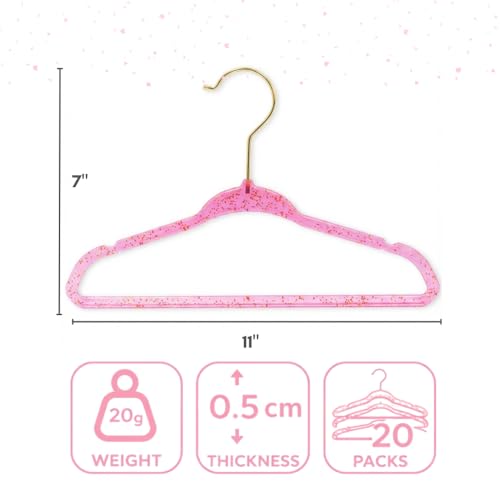 CONCEPTS 20 Pack Baby Hangers Kids Acrylic Non Slip Glitter Clothes Hangers for Toddler Infant Newborn Closet Organizer Small Hangers for Baby Clothes Pants Shirts Space Saving Nursery Hot Pink Sparkles Kids (20 Pack)