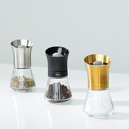 T&G CrushGrind Spice Mill with Stainless Steel Top & Glass Base, 12.5 cm, Whole Dried Herbs Spices Seeds Chilli Flakes/Fully Adjustable Ceramic Manual Grinder Single