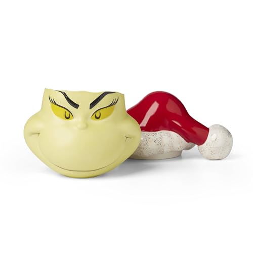 Lenox Dr. Seuss Grinch Christmas candy jar with lid, festive covered food jar featuring the Grinch design for holiday treats.