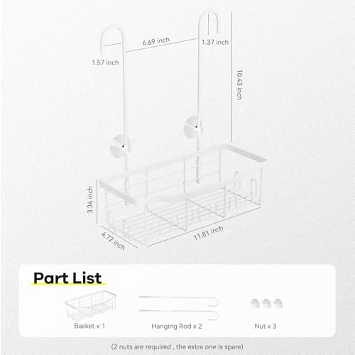 BYT Shower Caddy Hanging, Organizer Hanging for Bathroom, Shower Basket with Hooks, Shower Storage, Shelf, Rack No Drilling for Faucet or Cross Bar (White) White