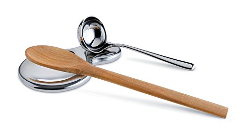 Alessi T-1000 stainless steel spoon rest with mirror polished silver finish, designed to hold cooking utensils neatly.
