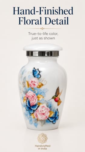 Small Keepsake Urn for Human Ashes - Floral Aluminum Mini Urn, Velvet Box