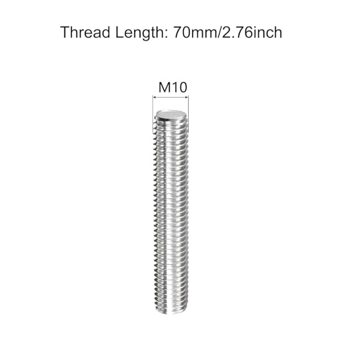 TOP-VIGOR M10x70mm 304 stainless steel fully threaded rods, 10-piece set with right-hand threading