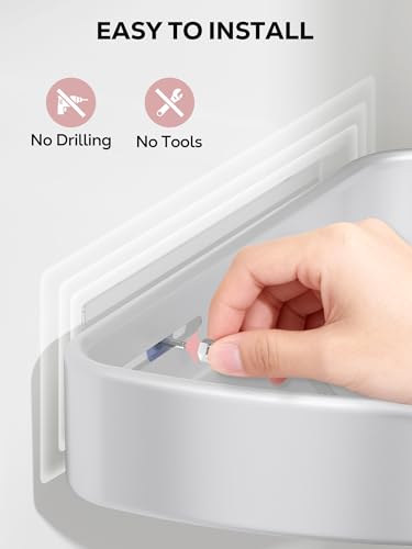Two silver Nieifi adhesive corner shower caddies mounted in a bathroom for organized shower storage.