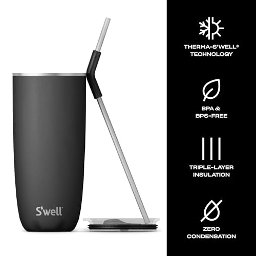 S’well Stainless Steel Tumbler with Straw - 24 Fl Oz - Onyx - Triple-Layered Vacuum-Insulated Containers Keeps Drinks Cold for 18 Hot for 5 Hours - BPA-Free Water Bottle 24 Ounces