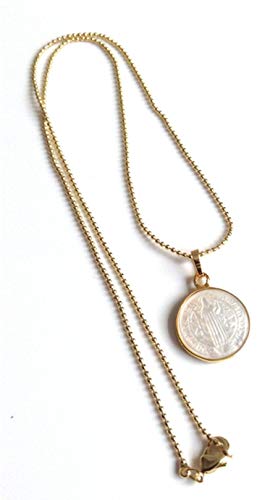 SIFRIMANIA Saint Benedict Mother of Pearl Medal Necklace Gold Plated Ball Chain Handmade