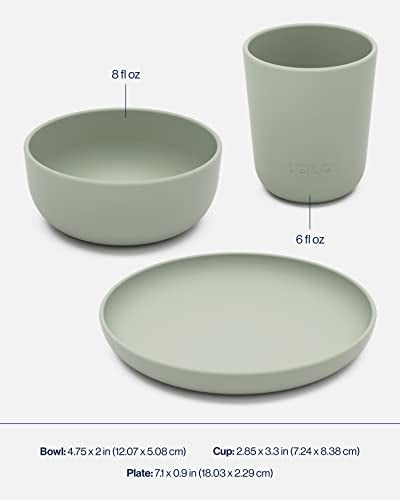 Lalo Big Bites Starter Kit with five sage silicone kids' dinner plates arranged on a table.