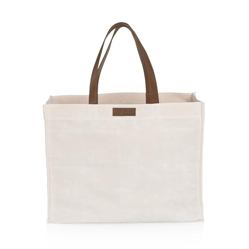 PICNIC TIME reusable beige waxed canvas grocery tote with leatherette handles, durable and eco-friendly shopping bag