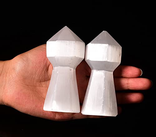 AMOYSTONE Selenite Crystal Tower Natural Crystal Lighthouse Shaped 6 Faceted Reiki Healing Chakra Selenite Sticks 3.9" 2PCS Rf149-lighthouse