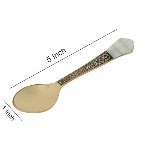 Luxury Teaspoons Antique Brass & Mother of Pearl Inlaid Spoon Set, Gorgeous Small Mixing Sugar Spoon, Dessert Spoon Set Brass Tableware (Set of 4) 5 Inches Set Of 4