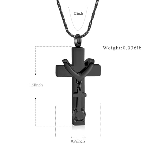 Cremation Jewelry Double Cross Necklace and Crystal Cube Memorial Ashes Urn Pendant Necklace Keepsake Jewelry for Adult Ashes with Birthstone Black