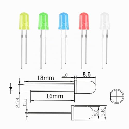 Pack of 100 LED Light Emitting Diodes 5mm LED Diodes | 3V, red, blue, yellow, green, white, round head, 2 pin, extra bright, diffuse, 5 colors, 20 pieces of each color