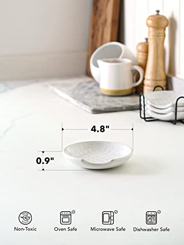 LE TAUCI Ceramic Spoon Rests for Stove Top with Holder, Set of 4 Farmhouse Spoon Holder for Kitchen Counter, 4.8 Inch Heat Resistant Utensil Rest for Cooking & Coffee Bar, Embossed, White Mix+Holder