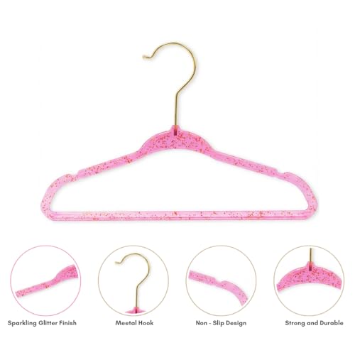 CONCEPTS 20 Pack Baby Hangers Kids Acrylic Non Slip Glitter Clothes Hangers for Toddler Infant Newborn Closet Organizer Small Hangers for Baby Clothes Pants Shirts Space Saving Nursery Hot Pink Sparkles Kids (20 Pack)