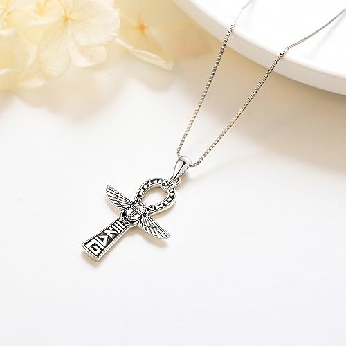 Eye of Horus/Egyptian Cat/Ankh Necklace 925 Sterling Silver Viking Jewellery Egyptian Pendant Necklaces for Men Women Mother Ankh Cross