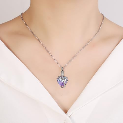 Crystal Heart Cremation Jewelry For Ashes Of Loved Ones Tree Of Life Urn Ashes Necklace For Women Stainless Steel Keepsake Memorial Pendant Purple