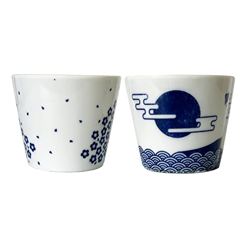 Japanese Sake Cups Set of 2- Sakura and Mt. Fuji Design, Indigo Color Pottery, 3.9 fl oz, For Cold and Hot Drink, Soup Cup Aperitif Tea Cup with Gift Box