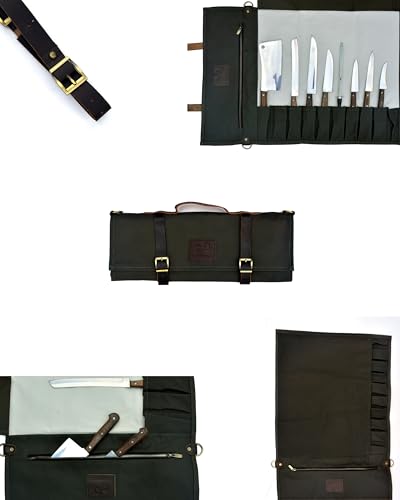 EVERPRIDE Stunning Waxed Canvas Roll Bag in Rich Dark Green w Genuine Leather Trim. Handsome Professional Chef Knife Roll Bag with upto 14" Knives and Storage Compartments A Super Gift