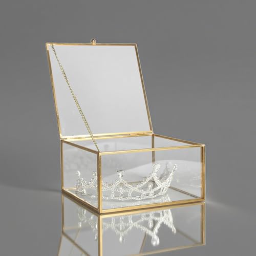 Feyarl Gold Glass Crowns Box Jewelry Trinket Ring Earring Keepsake Wedding Photo Cards Decorative Box Crystal Stones Display Holder Organizer for Birthday Dresser Tabletop（6.3 x 6.3 x 3.35inch