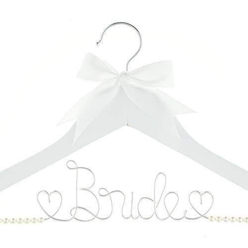 Bride to Be Wedding Dress Hanger Wooden and Wire Hangers for Brides Gowns, Dresses (White with Silver Wire and Strand Pearls) White With Silver Wire and Strand Pearls