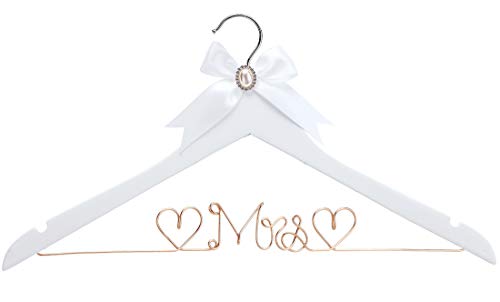 White Solid Wood Bridal Dress Hanger with Lady Wire Lettering for Bridal Wedding Party Gift (Rose Gold line White Hanger)