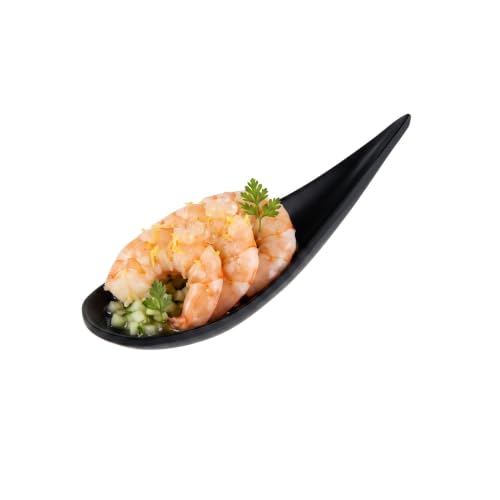 Black melamine teardrop tasting spoons by Restaurantware, 4.3 inches, set of 10, ideal for desserts and tasting presentations.
