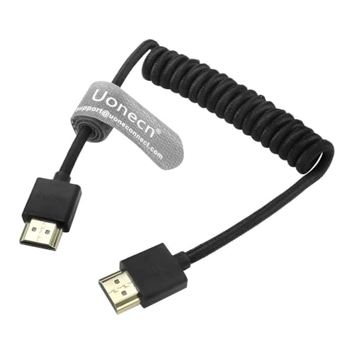 Uonecn 8K HDMI Cable for Camera Monitors, 48Gbps Short HDMI for Atomos Ninja V, Portkeys BM5, Braided Coiled HDMI Cable for Sony A7iv, Z-CAM F6, Z-Cam E2 Pro Cameras, Black, 12"-18" Straight to Straight