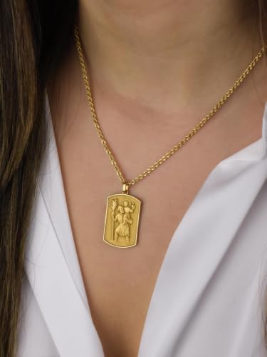 LKBEADS 925 Sterling Silver Saint Christopher 3D Pendant Necklace In Rectangle Shape With 18 Inch Cable Chain Gold Plated Charm Meaningful Jewelry |LKD_3DM_00051