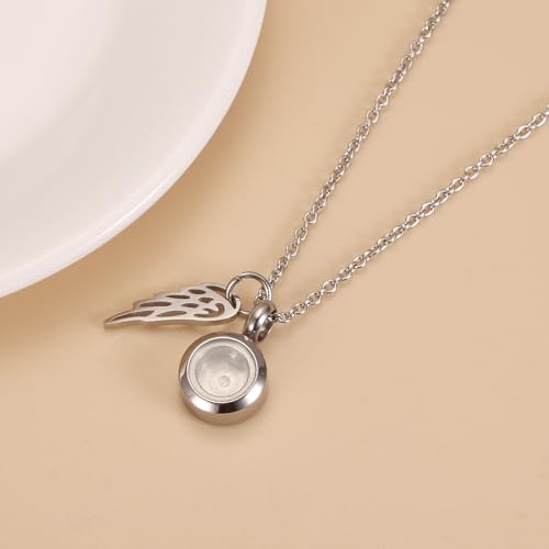 Tiny Glass Round Cremation Urn Necklace For Ashes For Women With Angel Wing Stainless Steel Memorial Locket Necklace Keepsake Jewelry Silver