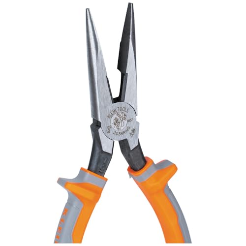 Klein Tools 2038RINS insulated long nose side-cutting pliers, 8-inch, 1000V rated with induction-hardened knives