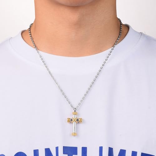 Cross Cremation Urn Necklace for Ashes Pendant for Men Silver